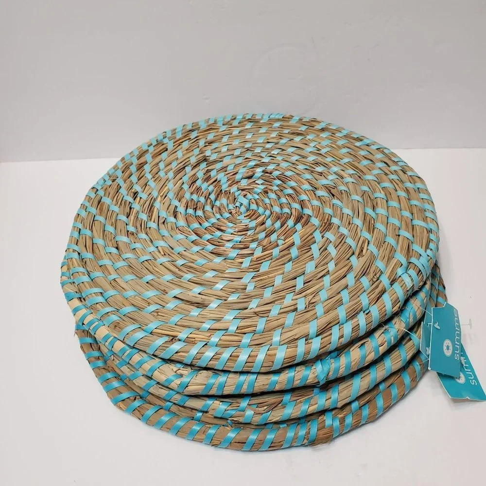Woven Rattan Placemats, 4pc, Wicker Table Mat, Trivet Hot Mat, Sky Blue Trim NEW